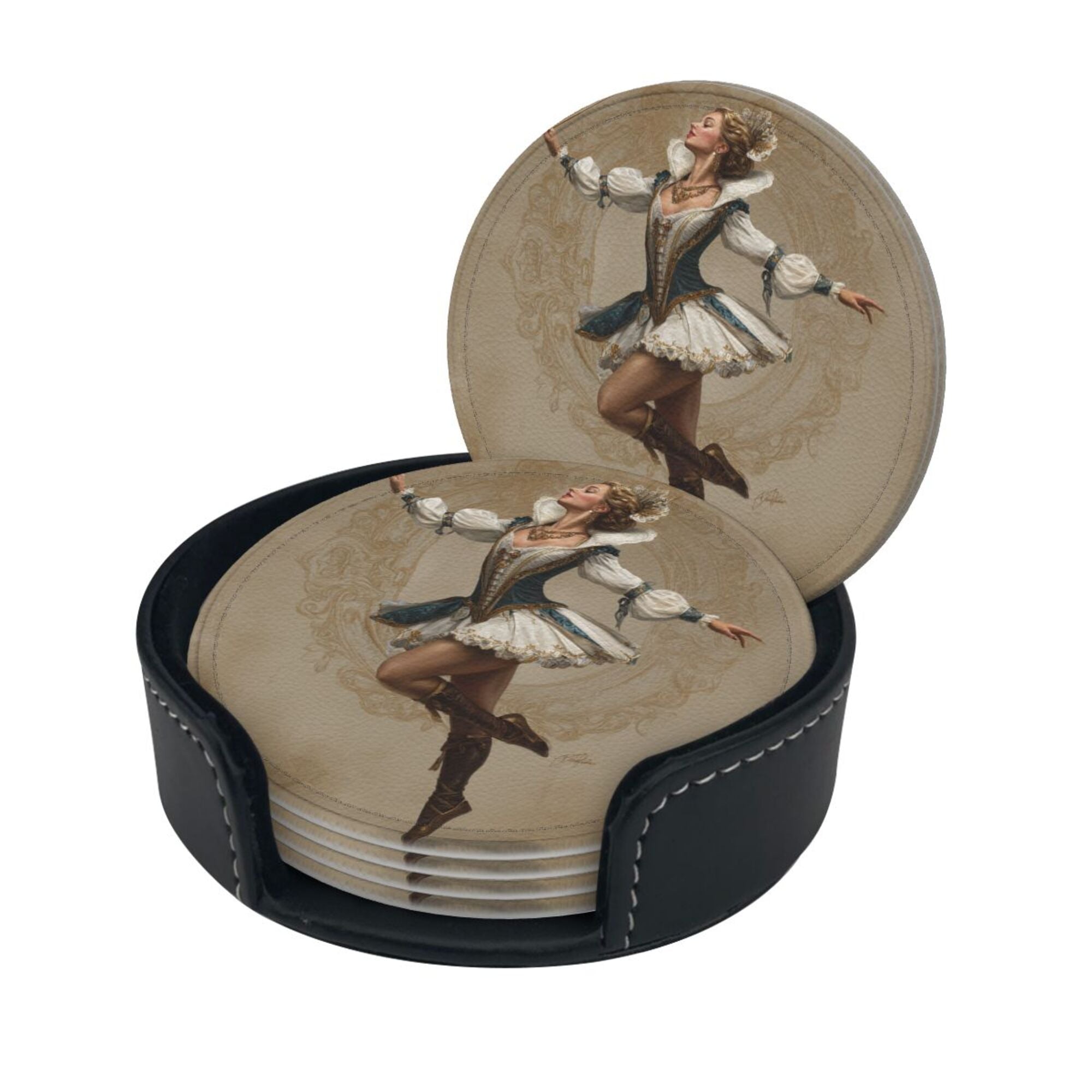 Round Leather Coaster Set of 6 with Vintage Court Dancer Design - Includes Storage Base, Heat - Insulation and Anti - Slip (Diameter 3.9in/10cm)