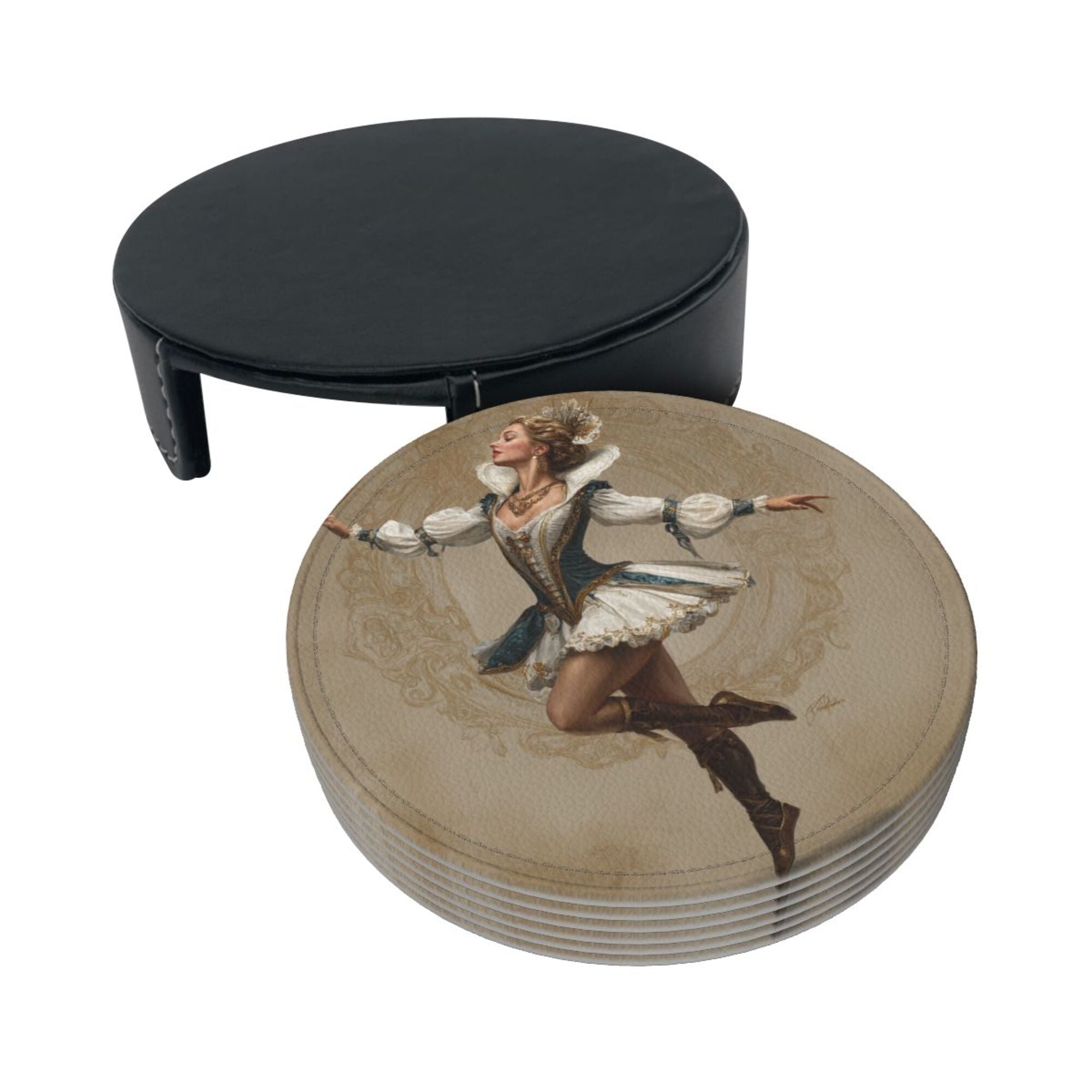 Round Leather Coaster Set of 6 with Vintage Court Dancer Design - Includes Storage Base, Heat - Insulation and Anti - Slip (Diameter 3.9in/10cm)