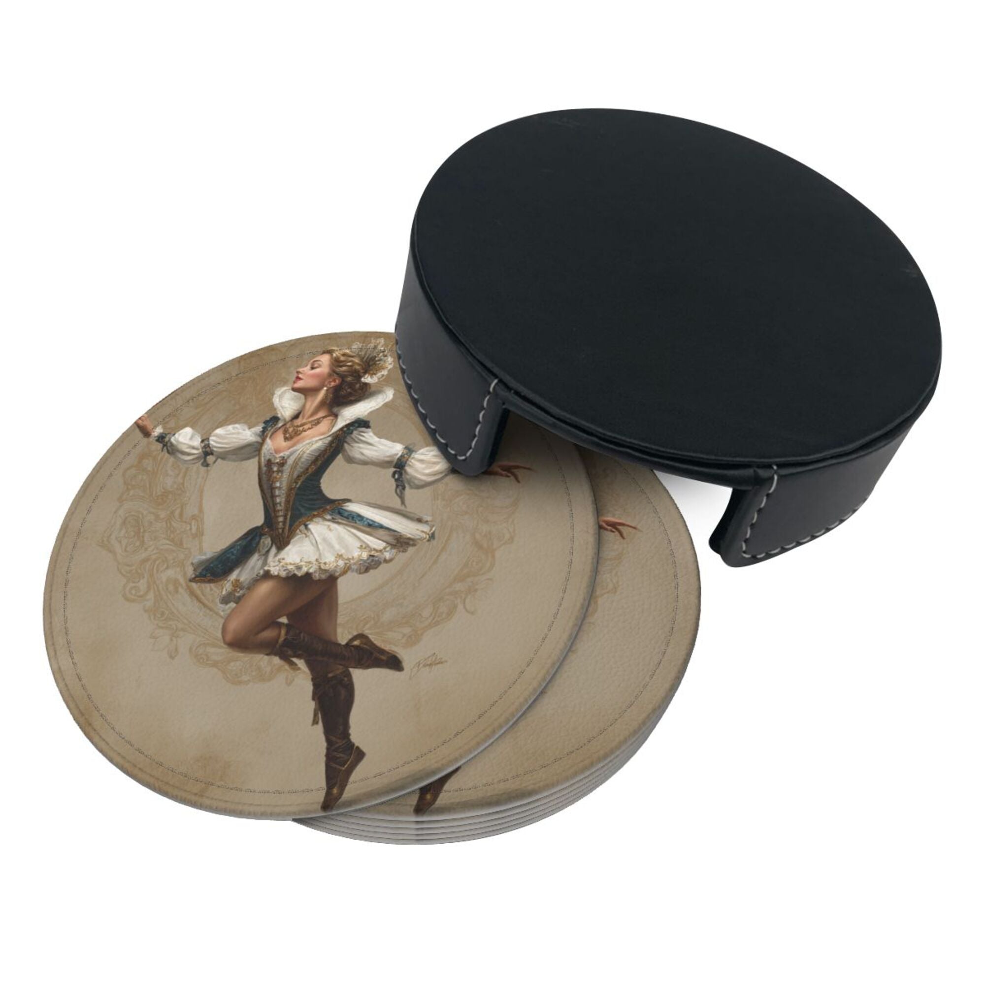 Round Leather Coaster Set of 6 with Vintage Court Dancer Design - Includes Storage Base, Heat - Insulation and Anti - Slip (Diameter 3.9in/10cm)