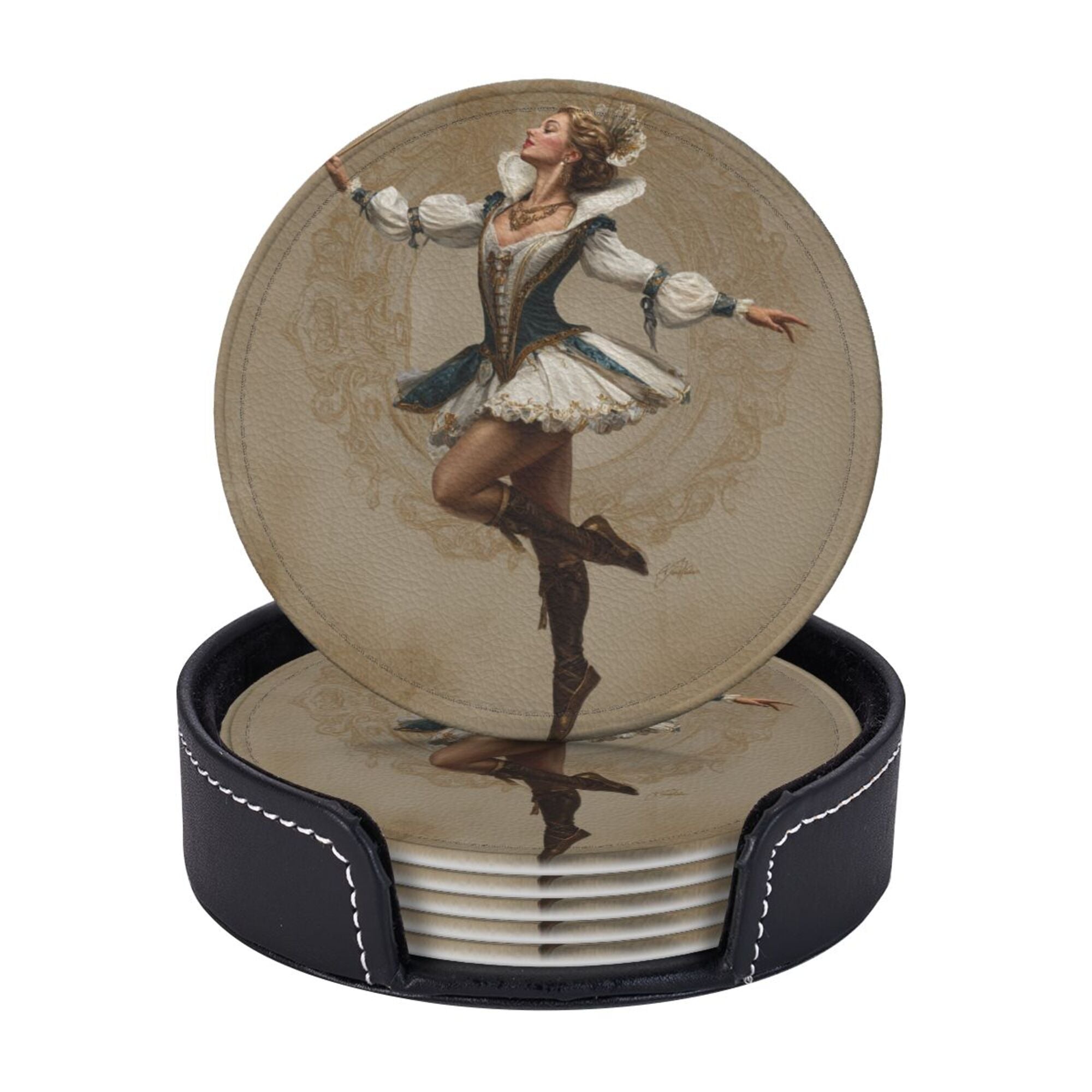 Round Leather Coaster Set of 6 with Vintage Court Dancer Design - Includes Storage Base, Heat - Insulation and Anti - Slip (Diameter 3.9in/10cm)
