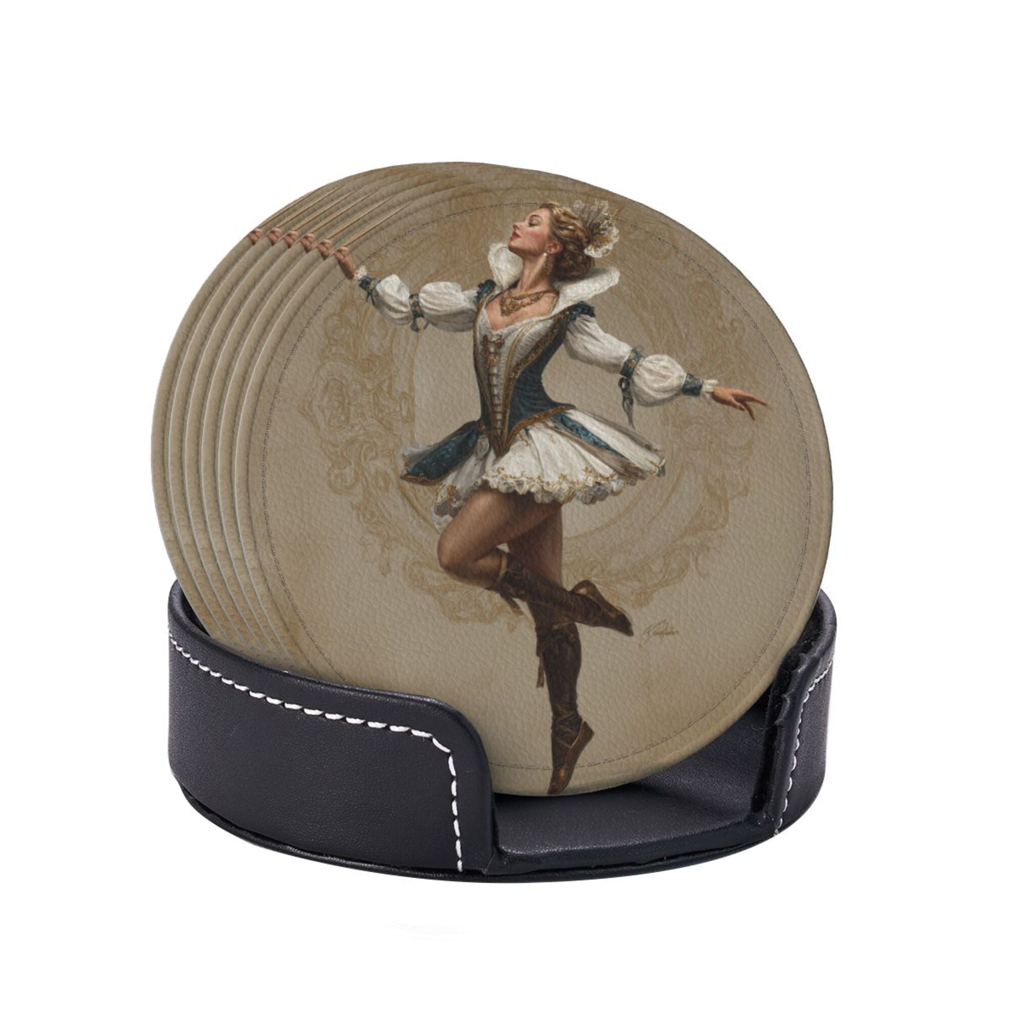 Round Leather Coaster Set of 6 with Vintage Court Dancer Design - Includes Storage Base, Heat - Insulation and Anti - Slip (Diameter 3.9in/10cm)