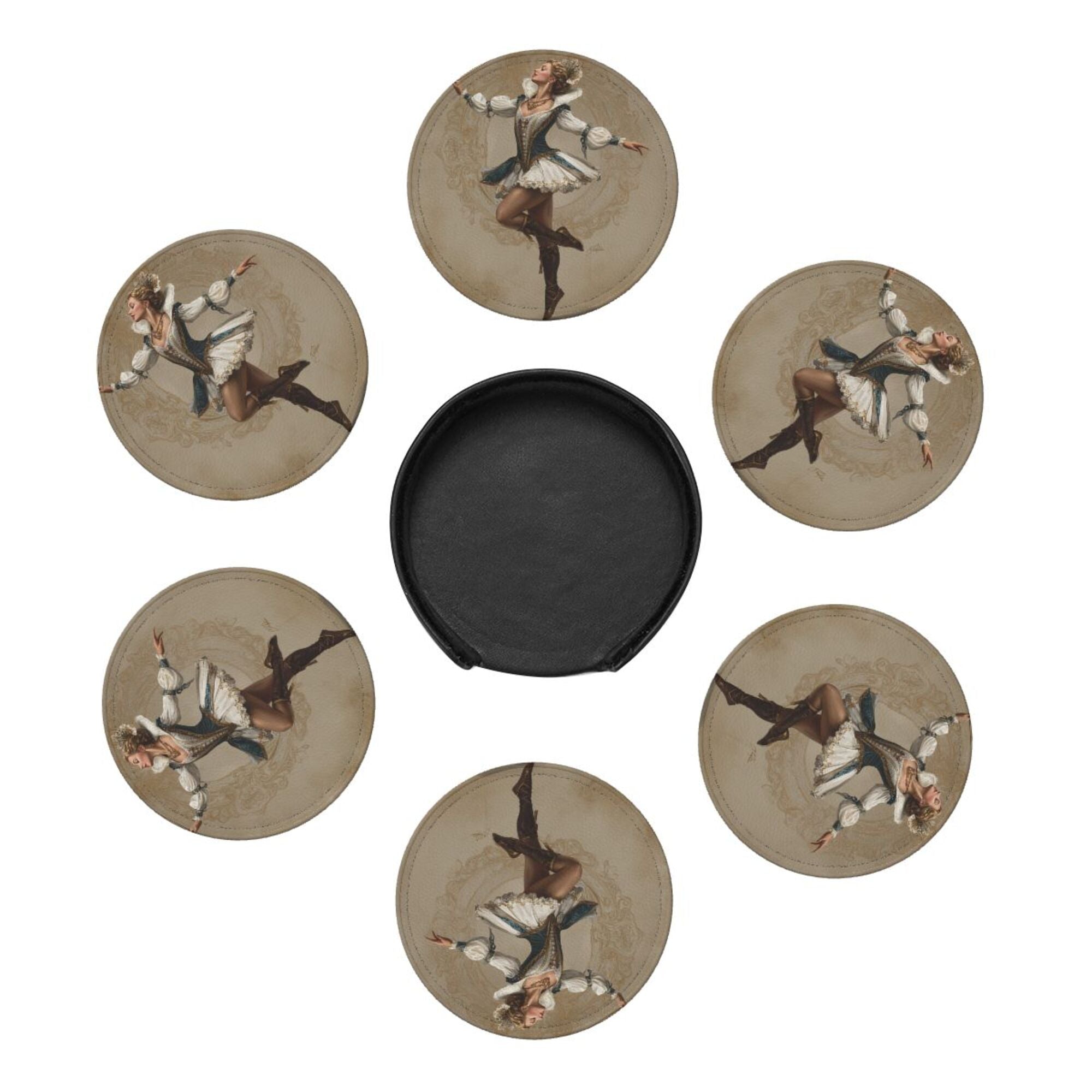 Round Leather Coaster Set of 6 with Vintage Court Dancer Design - Includes Storage Base, Heat - Insulation and Anti - Slip (Diameter 3.9in/10cm)