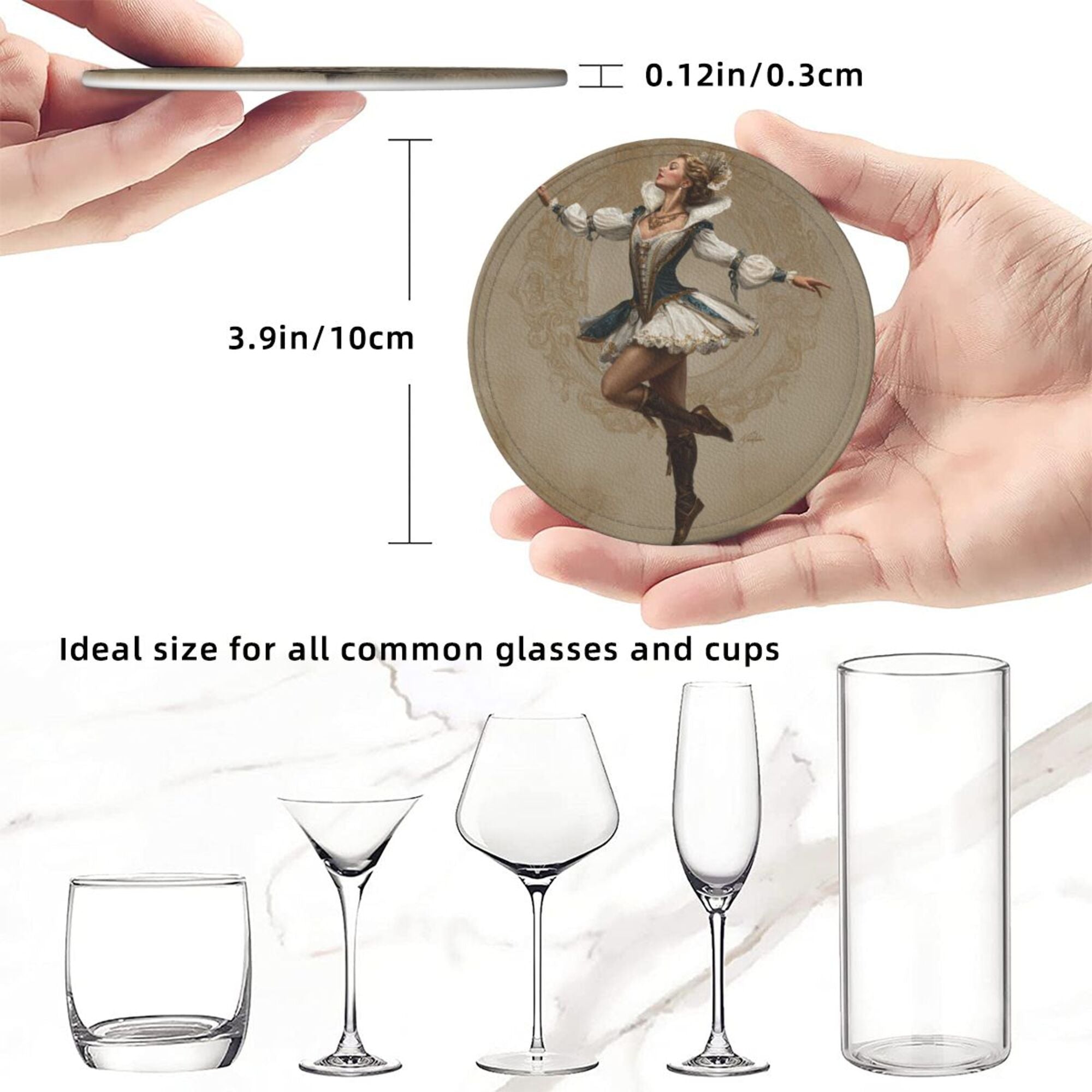 Round Leather Coaster Set of 6 with Vintage Court Dancer Design - Includes Storage Base, Heat - Insulation and Anti - Slip (Diameter 3.9in/10cm)