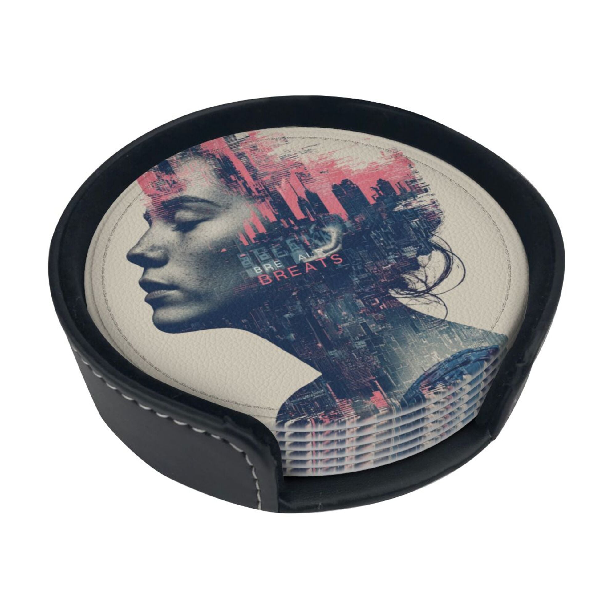 Round Leather Coaster Set of 6 with Cyberpunk Portrait Design - Comes with Storage Base, Heat - Insulation and Anti - Slip (Diameter 3.9in/10cm)