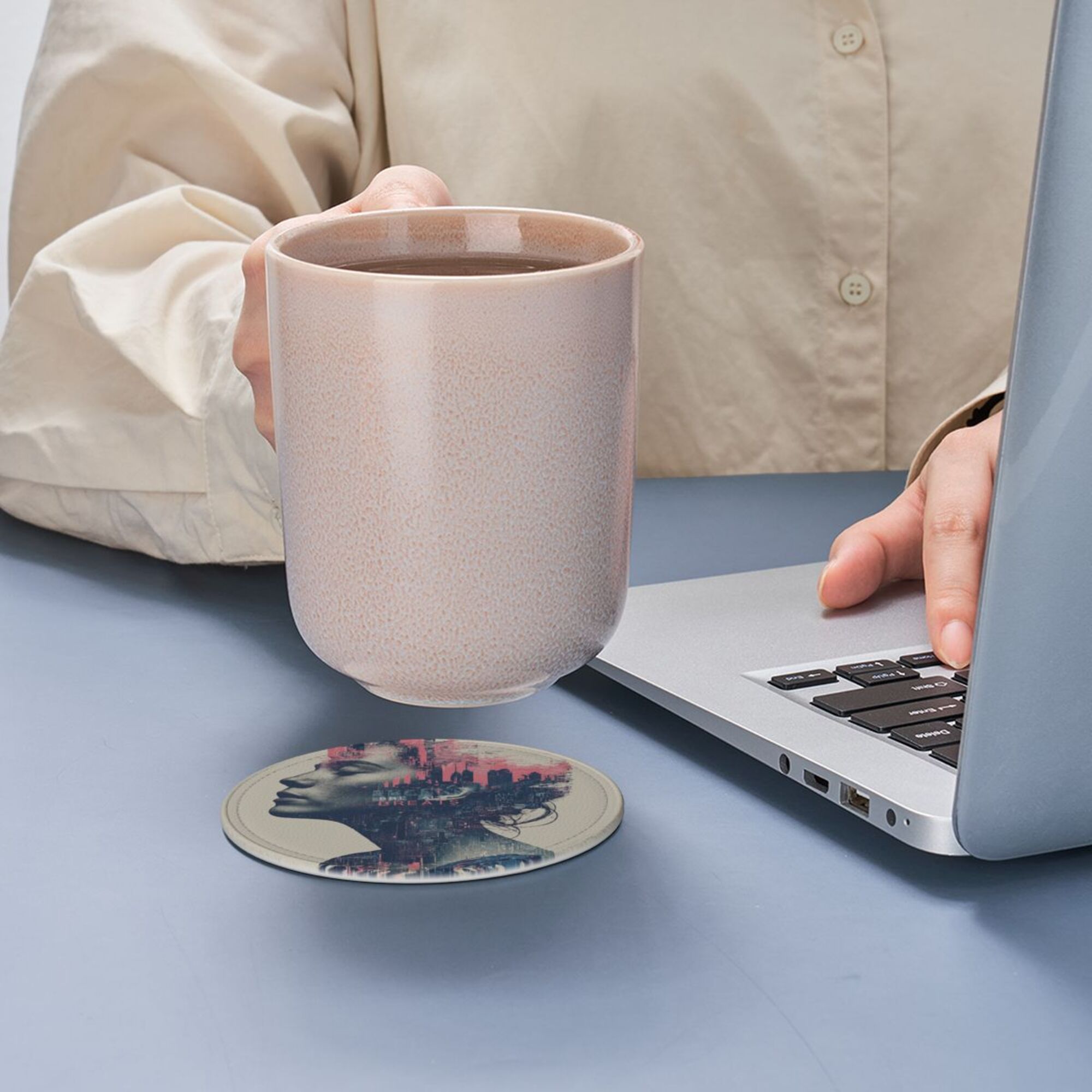 Round Leather Coaster Set of 6 with Cyberpunk Portrait Design - Comes with Storage Base, Heat - Insulation and Anti - Slip (Diameter 3.9in/10cm)