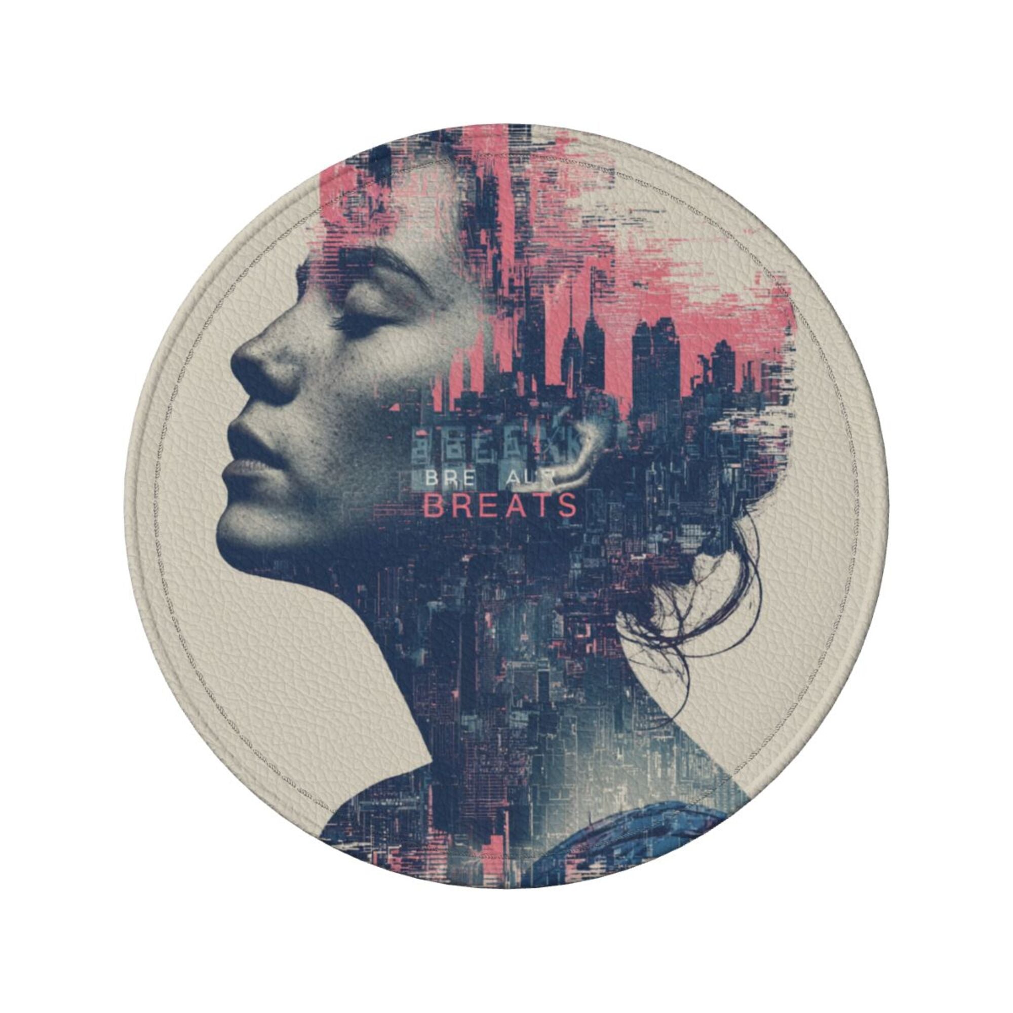 Round Leather Coaster Set of 6 with Cyberpunk Portrait Design - Comes with Storage Base, Heat - Insulation and Anti - Slip (Diameter 3.9in/10cm)