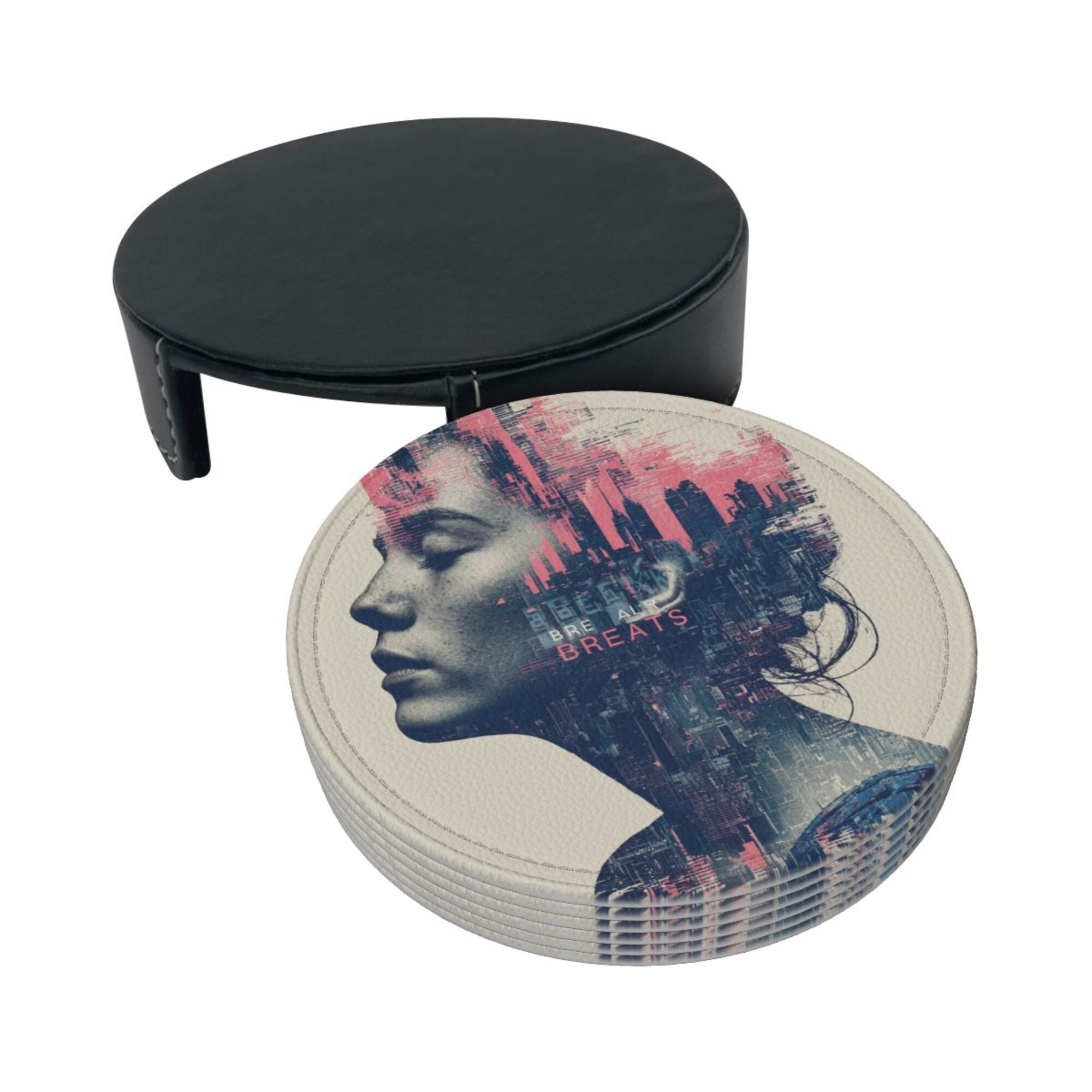Round Leather Coaster Set of 6 with Cyberpunk Portrait Design - Comes with Storage Base, Heat - Insulation and Anti - Slip (Diameter 3.9in/10cm)