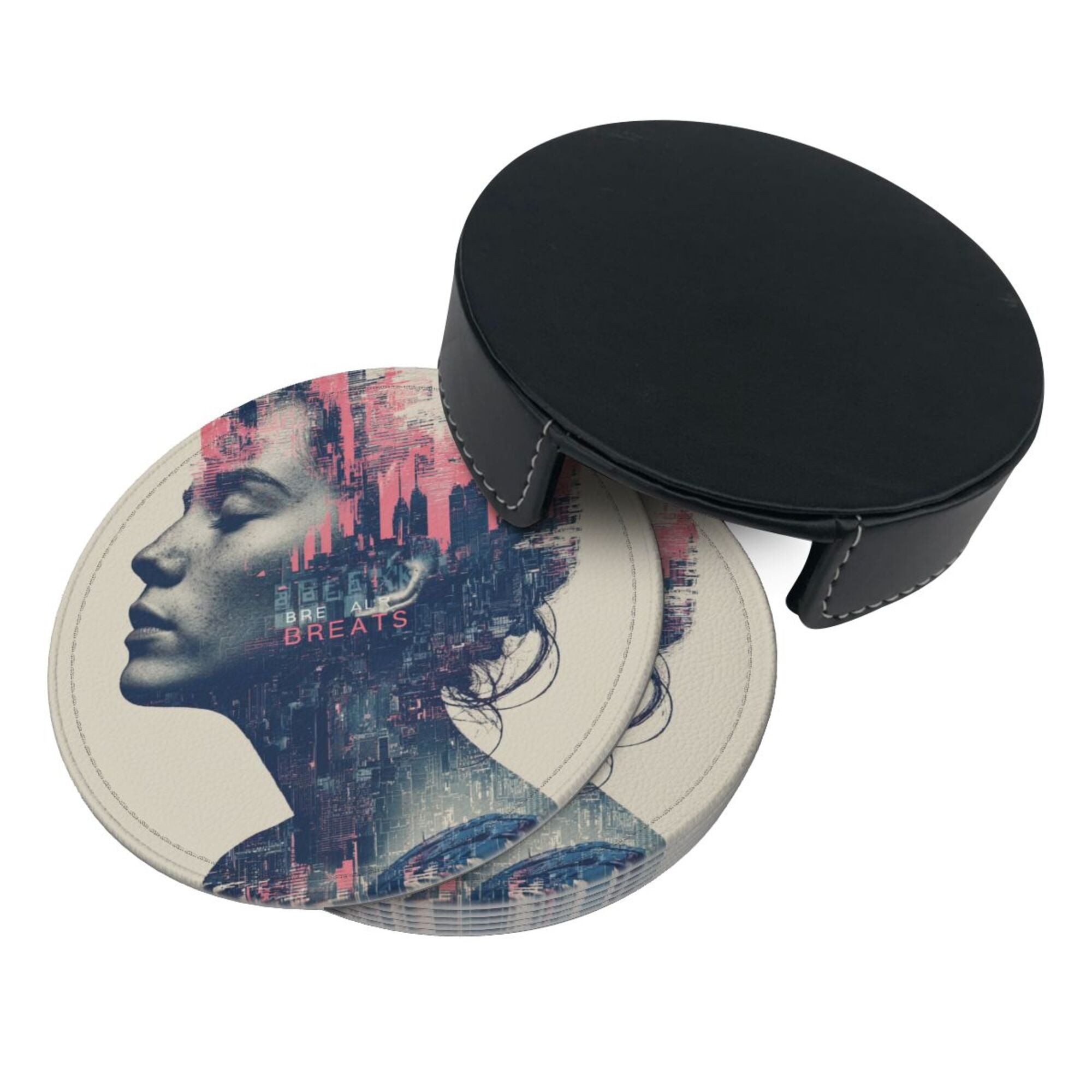 Round Leather Coaster Set of 6 with Cyberpunk Portrait Design - Comes with Storage Base, Heat - Insulation and Anti - Slip (Diameter 3.9in/10cm)
