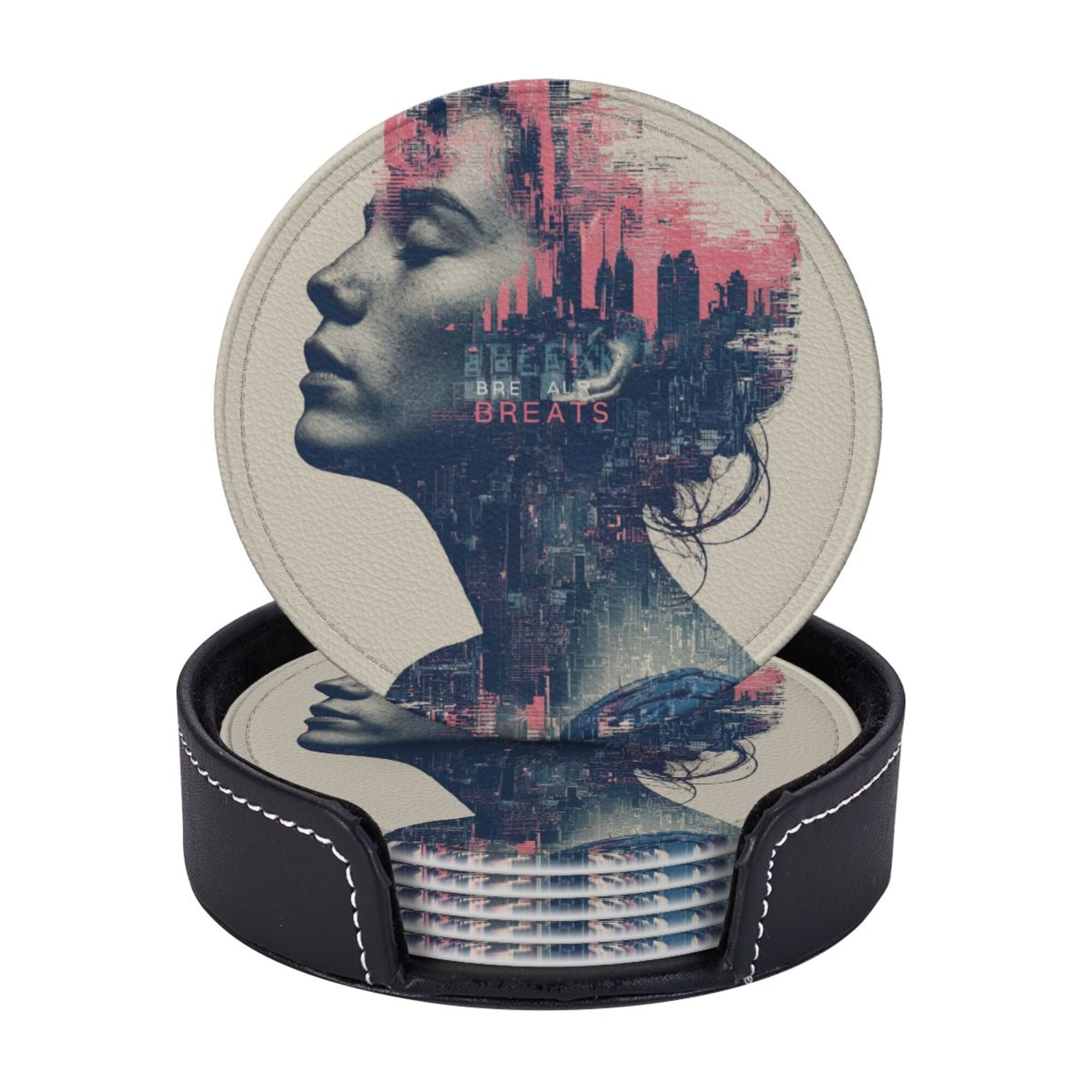 Round Leather Coaster Set of 6 with Cyberpunk Portrait Design - Comes with Storage Base, Heat - Insulation and Anti - Slip (Diameter 3.9in/10cm)