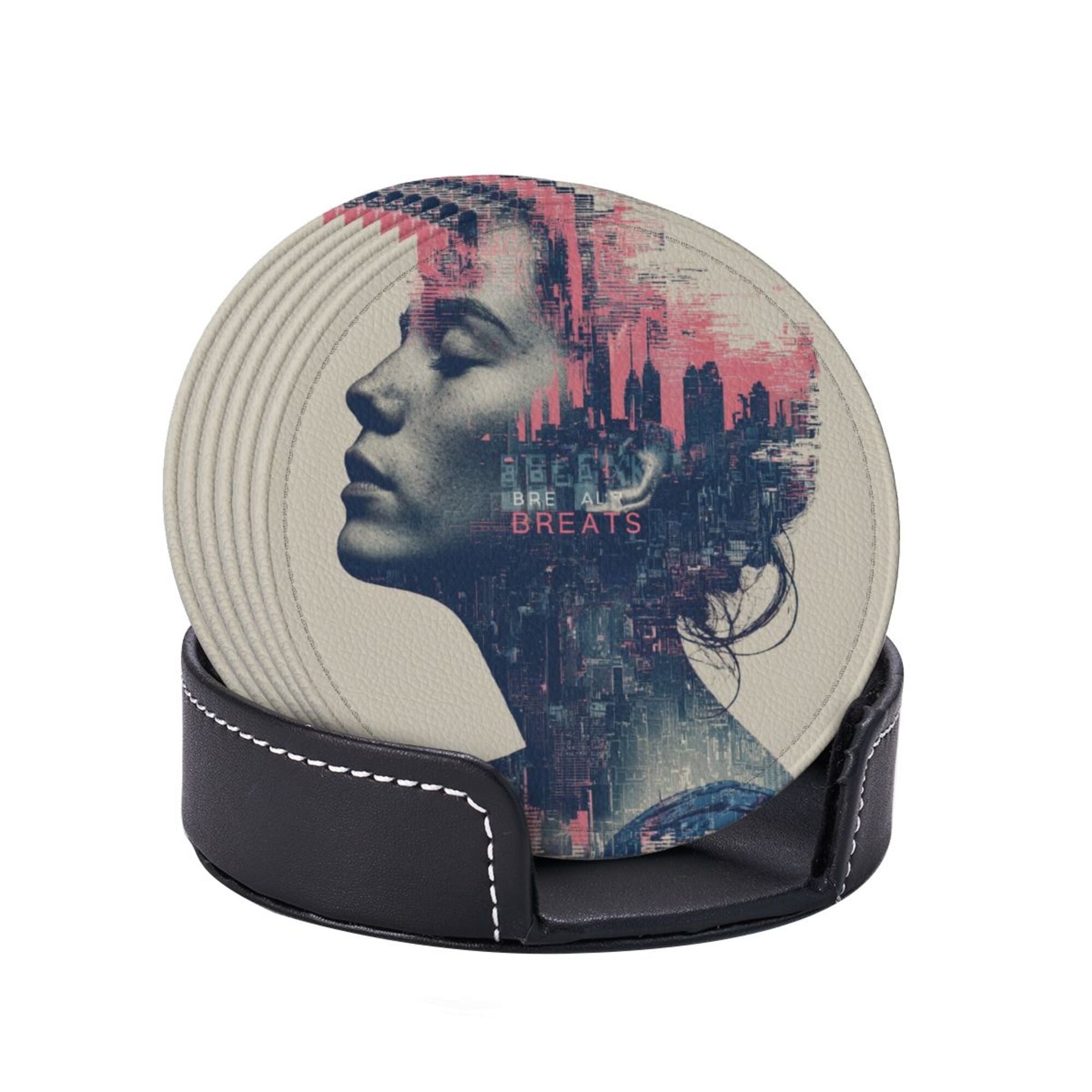 Round Leather Coaster Set of 6 with Cyberpunk Portrait Design - Comes with Storage Base, Heat - Insulation and Anti - Slip (Diameter 3.9in/10cm)