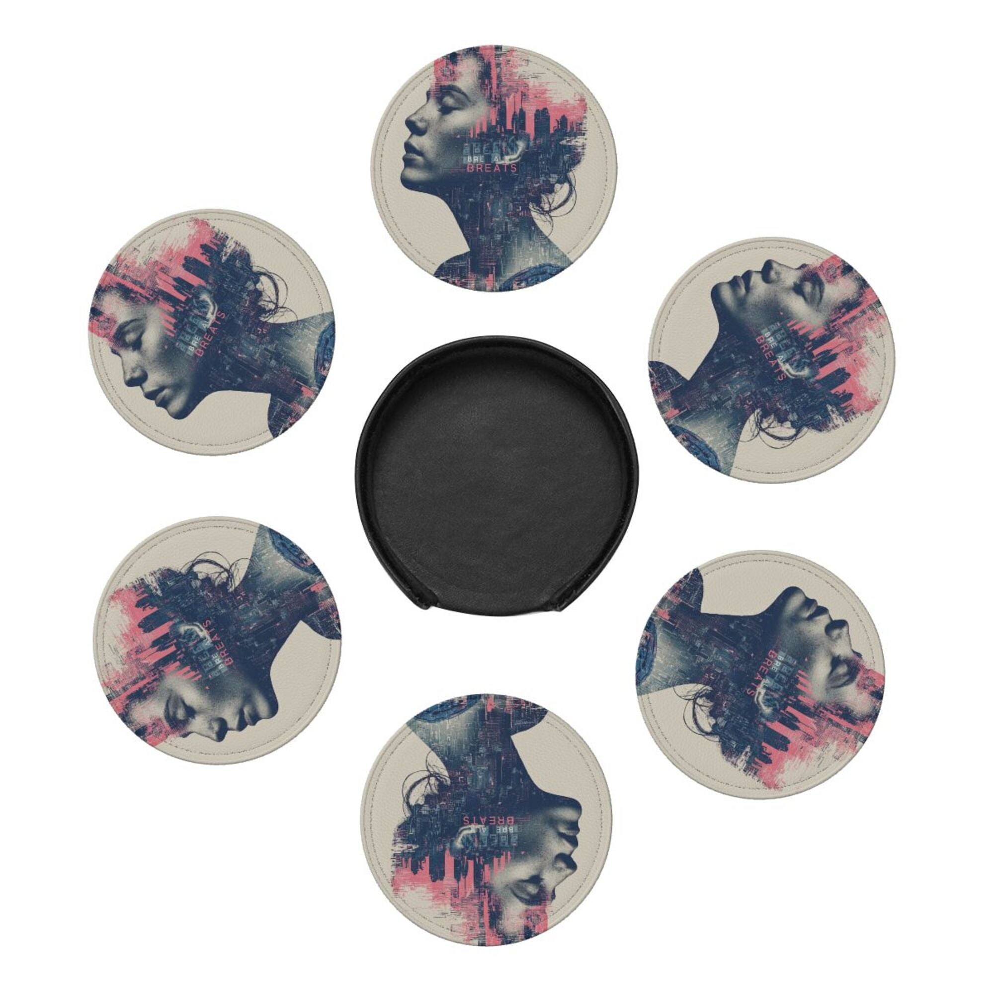 Round Leather Coaster Set of 6 with Cyberpunk Portrait Design - Comes with Storage Base, Heat - Insulation and Anti - Slip (Diameter 3.9in/10cm)