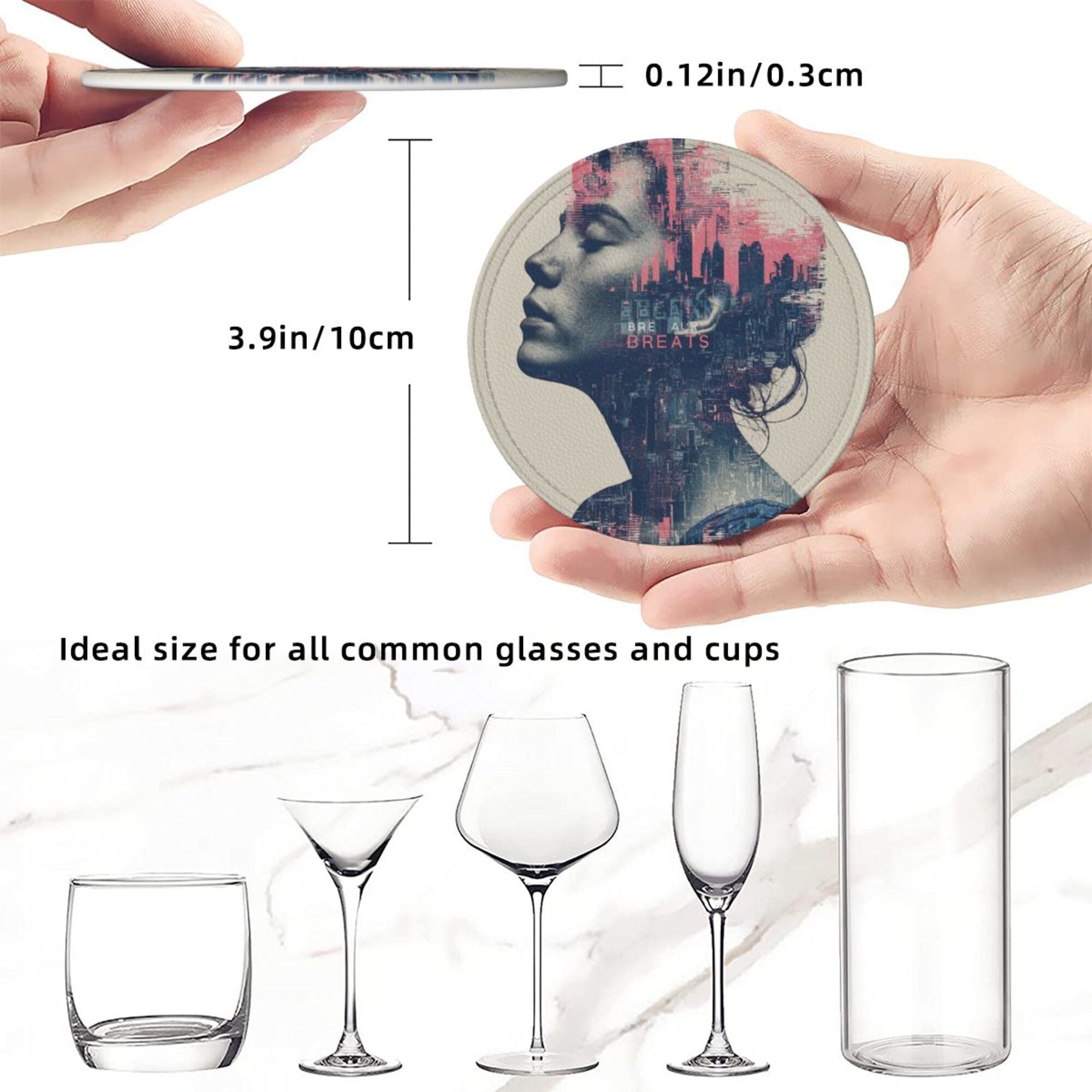 Round Leather Coaster Set of 6 with Cyberpunk Portrait Design - Comes with Storage Base, Heat - Insulation and Anti - Slip (Diameter 3.9in/10cm)
